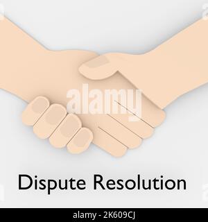 3D Darstellung von Handschlag mit Text Dispute Resolution, isoliert über hellgrau. Stockfoto