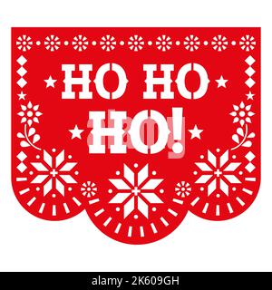 Hallo, Ho! Weihnachten Papel Picado Vektor-Vorlage Design mit Schneeflocken und Blumen, mexikanische Party Girlande Papier Ausschnitt Dekoration in rot Stock Vektor