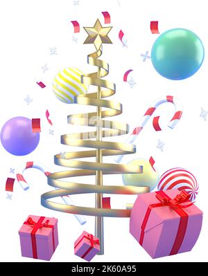 3D Weihnachtshintergrund mit dekorativen Bäumen und Geschenkschachteln rendern. Bunte flache Geschenke für den Urlaub. Modernes Design. Neujahr-Elemente für Dekorationen Stockfoto