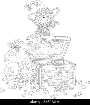 Die glückliche kleine Hexe mit brennender Kerze überprüft in einer alten Holzkiste in ihrem staubigen Lagerraum die Sicherheit ihrer unbezahlbaren Schätze und Goldmünzen Stock Vektor