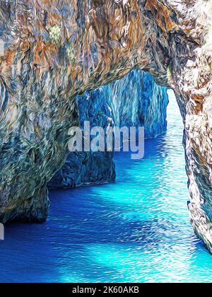 Arco Magno, ein großer Bogen aus Felsen und Klippen mit Blick auf das Meer, ein atemberaubender, versteckter Strand aus Sand und Kieselsteinen, ein Paradies für Taucher im Mittelmeer Stockfoto