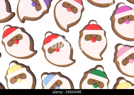 3D Rendering Weihnachten oder Neujahr Elemente Hintergrund mit dekorativen Cookies und Kerzen. Bunte Geschenke für den Urlaub. Modernes Design. Isolierte Abluft Stockfoto