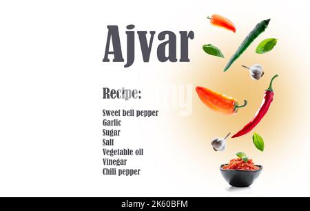 Ajvar-Rezept. Zutaten für das Kochen eines traditionellen Balkan-Gericht auf einem hellen Hintergrund. ajvar Balkan-Gericht, Gemüsekaviar, eine Paste aus gerösteten roten Stockfoto