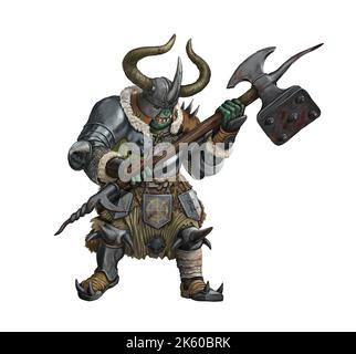 Fantasy Kreatur - Ork Krieger Angriff. Fantasy-Illustration. Goblin mit Axt Zeichnung. Stockfoto