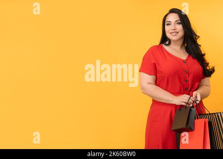 Black friday glücklich Frau Gesamtverkauf großen Rabatt Stockfoto