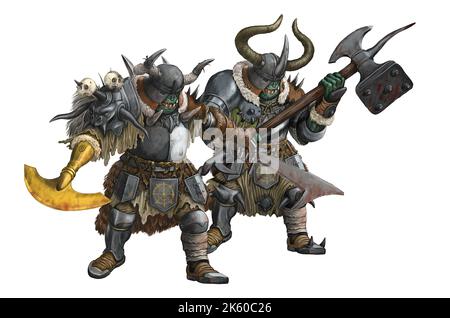 Fantasy Kreatur - Ork Krieger Angriff. Fantasy-Illustration. Goblin mit Axt Zeichnung. Stockfoto