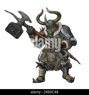 Fantasy Kreatur - Ork Krieger Angriff. Fantasy-Illustration. Goblin mit Axt Zeichnung. Stockfoto