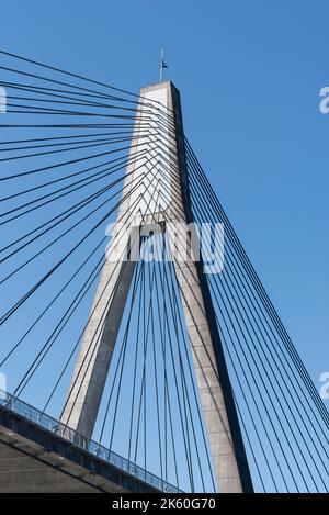 Einer der Türme der Anzac Bridge in Pyrmont, Sydney, Australien, zeigt die massiven Stahlseile Stockfoto