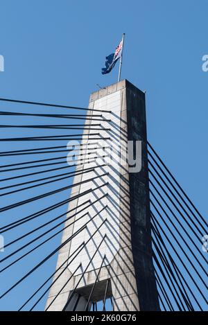 Einer der Türme der Anzac Bridge in Pyrmont, Sydney, Australien, zeigt die massiven Stahlseile Stockfoto