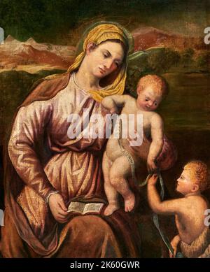 Madonna col Bambino con S. Giovannino - olio su tela - pittore emiliano dela fine del XVIII secolo - Rivergaro (PC), Italia, chiesa di S. Agata Stockfoto