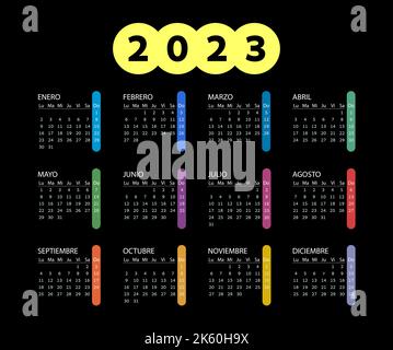 Taschenkalender auf 2023 Jahre, spanisch. Farbe horizontaler Kalender auf schwarzem Hintergrund. Die Woche beginnt ab Montag. Vektorvorlage für Unternehmen. Stock Vektor