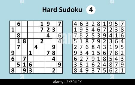 Sudoku-Spiel mit Antworten. Harte Komplexität. Einfaches Vektor-Design-Set Sudoku. Stock Vektor