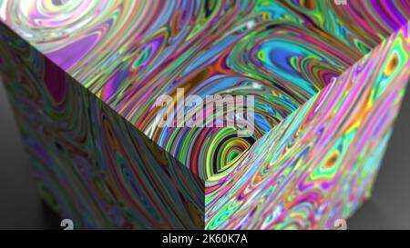 3D Rendering eines isolierten einfachen Würfels mit flüssiger Marmoreffekt-Textur in dunkler Umgebung. Ein Werk hyperrealistischer Abstraktion digitaler Kunst Stockfoto