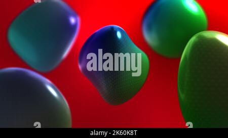 3D Rendering von isolierten Blobs mit Farbverlauf auf leuchtendem rotem Hintergrund. Ein Werk hyperrealistischer Abstraktion digitaler Kunst Stockfoto