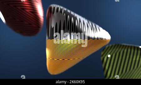 3D Darstellung isolierter einfacher Objekte mit Streifen- und Tierdruck-Texturen auf dunkelblauem Hintergrund. Ein Werk hyperrealistischer digitaler Abstraktion Stockfoto
