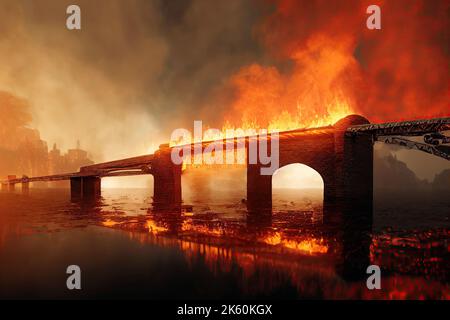 Die Explosion auf der Kertscher Meerenge die Brücke Krim ist 3D Illustration. Eine Sabotage an die Logistik im Krieg. Ein höllisches Schlachtfeld in einer Brachland-Stadt von Stockfoto