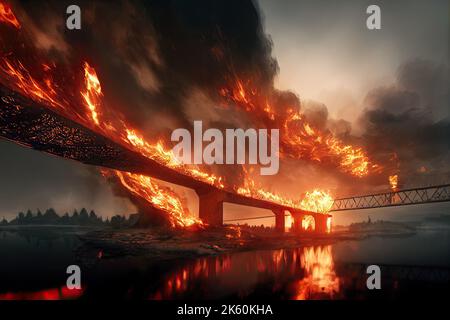 3D Illustration über die Explosion auf der Kertscher Meerenge-Brücke Krim in Brand. Konzept der Sabotage zur Logistik in einem apokalyptischen Krieg. Höllisch Stockfoto