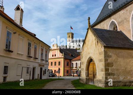 Kleine antike Stadt Rozmberk nad Vltavou, Tschechische Republik. Stockfoto