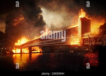 Die Explosion auf der Kertscher Meerenge die Brücke der Krim in 3D Abbildung. In einem Ukraine-Russland-Krieg wurde versucht, die Logistik zu sabotieren. Ein höllisches Schlachtfeld in Stockfoto