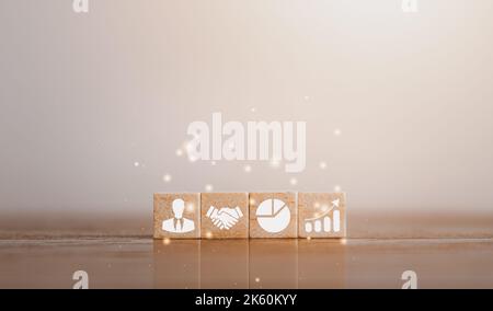 Woods Block Platz mit Geschäftsstrategie, Aktionsplan, Ziel und Ziel-Symbol. Erfolgreiche Geschäftsentwicklung mit Kopierbereich Stockfoto