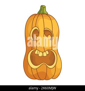 Jack-o'-Laterne Kürbiskopf verängstigt. Ein traditioneller Charakter für Halloween. Einfaches Designelement für Grußkarten, Poster, Aufkleber, Banner und Urlaubsdekor. Niedliche Cartoon flache Illustration. Stock Vektor