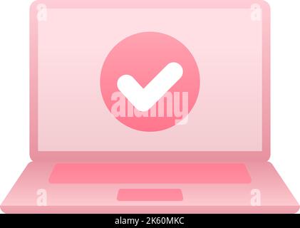 Aktivieren Sie das Kontrollkästchen auf dem Laptop-Bildschirm. Das Symbol für das erfolgreiche Ankreuzen oder die Bestätigungsbenachrichtigung auf dem geöffneten Tablet-Laptop-Display. Rosa tragbarer pc-Computer mit einem Abkakken Stock Vektor