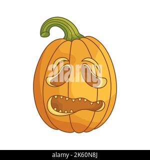 Trauriger Kürbiskopf mit Jack-o-Laterne. Ein traditioneller Charakter für Halloween. Einfaches Designelement für Grußkarten, Poster, Aufkleber, Banner und Urlaubsdekor. Niedliche Cartoon flache Illustration. Stock Vektor