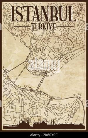 Handgezeichnete Stadtstraßen Netzwerkausdruckkarte von ISTANBUL, TURKIYE Stock Vektor
