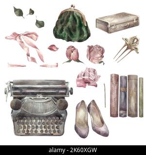 Artikel im Retro-Stil. In Aquarell von Hand hergestellt. Isoliert. Für den Druck, Banner, Drucke, Poster, Muster, Aufkleber. Frauen Thema, Hochzeit, Schönheit Stockfoto