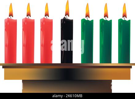 Illustration des Happy Kwanzaa Grußkartenhintergrunds mit sieben schwarzen, grünen und roten Kerzenständern, die die 7 Prinzipien des afrikanischen Erbes symbolisieren Stock Vektor