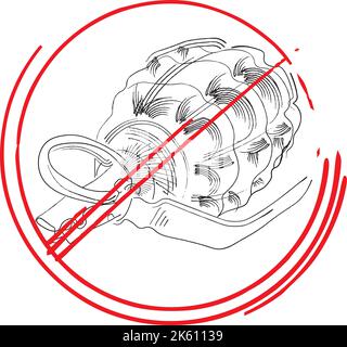 Schwarz-weiße Handgranate in einem roten Kreis durchgestrichen. Skizze. Sagen Sie Nein zum Kriegsplakat. Botschaft, um den Krieg zu stoppen. Macht Frieden und verbreitet Liebe. Stock Vektor