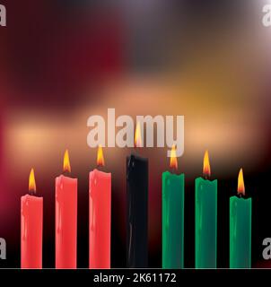 Illustration des Happy Kwanzaa Grußkartenhintergrunds mit sieben schwarzen, grünen und roten Kerzenständern, die die 7 Prinzipien des afrikanischen Erbes symbolisieren Stock Vektor