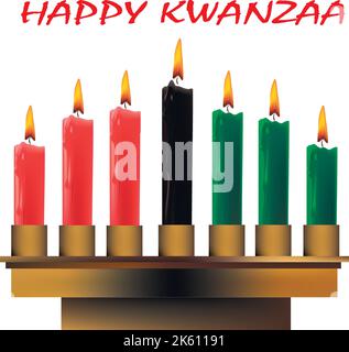 Illustration des Happy Kwanzaa Grußkartenhintergrunds mit sieben schwarzen, grünen und roten Kerzenständern, die die 7 Prinzipien des afrikanischen Erbes symbolisieren Stock Vektor