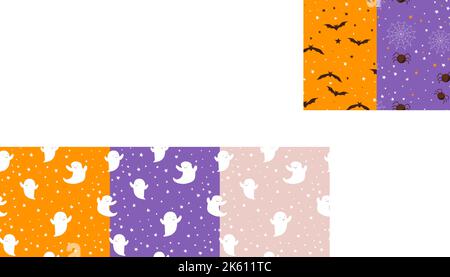 Set Cute Halloween weiße Geister auf bunten Hintergrund mit Sternen verziert, Kinder Urlaub nahtlose Muster. Vektorgrafik Stock Vektor