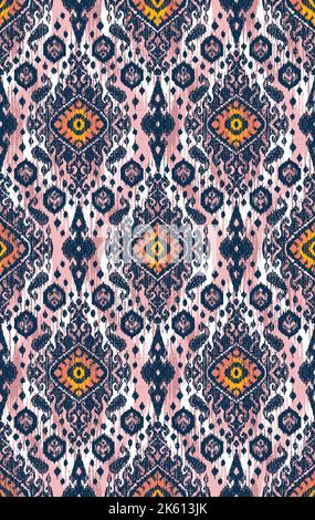 Stoff im indischen Stil. Ethnisches Ikat-Nahtloses Muster im Stamm. Design für Hintergrund, Tapete, Illustration, Stoff, Kleidung, Teppich, Textil, Stockfoto