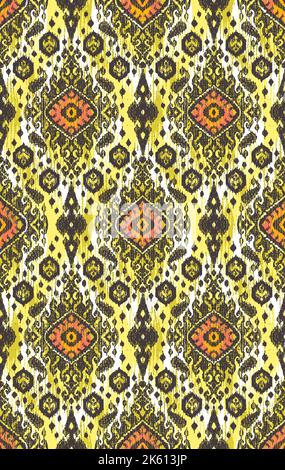 Stoff im indischen Stil. Ethnisches Ikat-Nahtloses Muster im Stamm. Design für Hintergrund, Tapete, Illustration, Stoff, Kleidung, Teppich, Textil, Stockfoto
