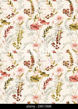 Nahtloser digitaler Vektor handgemalt Farbe reduzierte Lilien und Blätter in wilden Wiesen Muster. Aquarellblumen Set. Elegante malerische Blumen auf weiß Stockfoto
