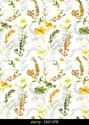 Nahtloser digitaler Vektor handgemalt Farbe reduzierte Lilien und Blätter in wilden Wiesen Muster. Aquarellblumen Set. Elegante malerische Blumen auf weiß Stockfoto