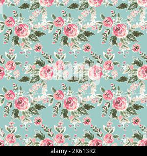 Nahtlose handgezeichnete Vintage-Rose, Blumenmuster in Retro-Farben, florales Muster, Textildruck Stockfoto