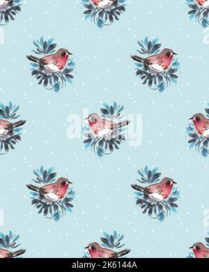 Süße Vögel, Weihnachtsbaumzweige, Schneeflocken. Nahtloses Muster. Winter Aquarell in handbemaltetem, nahtlosem skandinavischem Textil im Vintage-Stil Stockfoto
