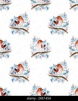 Süße Vögel, Weihnachtsbaumzweige, Schneeflocken. Nahtloses Muster. Winter Aquarell in handbemaltetem, nahtlosem skandinavischem Textil im Vintage-Stil Stockfoto