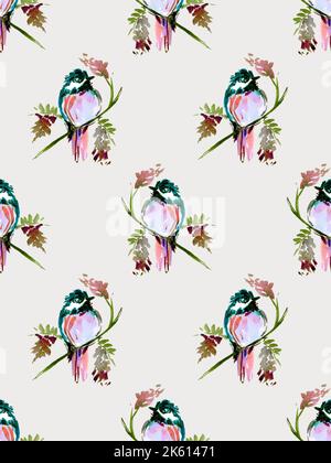Wasserfarbener handbemalter, nahtloser Spatzenvogel, der auf einem Wisteria-Ast sitzt, Frühlingsmuster, Frühlingsblumen, Vögel und Reben. Stockfoto