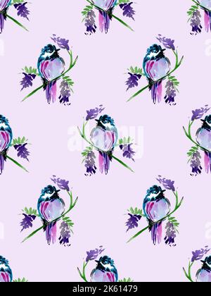 Wasserfarbener handbemalter, nahtloser Spatzenvogel, der auf einem Wisteria-Ast sitzt, Frühlingsmuster, Frühlingsblumen, Vögel und Reben. Stockfoto
