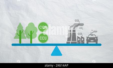 Konzept zur CO2-Neutralität. Reduzierung von Kohlendioxid. CO2 die Gasemissionen werden durch den von Bäumen absorbierten Kohlenstoff und die Technologie zur Kohlenstoffabscheidung ausgeglichen. CO2 Stockfoto