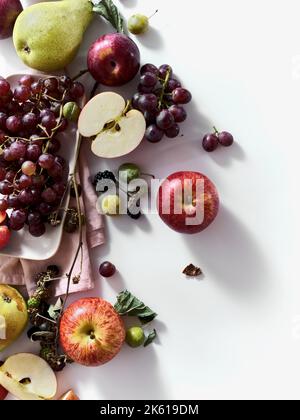 Komposition mit frischen Sommerfrüchten und Beeren auf weißem Hintergrund. Trauben, Pflaumen und Äpfel im Sonnenlicht. Stockfoto