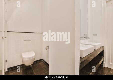 Toilette hinter Trennwand mit Waschbecken und Spiegel im hellen modernen Badezimmer zu Hause installiert Stockfoto