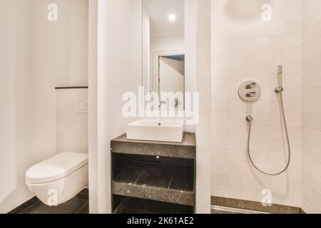 Toilette hinter Trennwand mit Waschbecken und Spiegel im hellen modernen Badezimmer zu Hause installiert Stockfoto