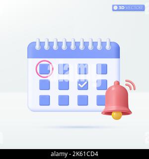 Kalender mit Bell-Benachrichtigungssymbol-Symbolen. Event, Geschäftsplanung, Erinnerungskonzept. 3D Vektor isoliertes Illustrationsdesign. Cartoon Pastell Minim Stock Vektor