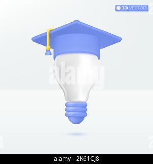 Glühlampe mit Symbolen für graduiertenmütze. Inspiration, beste Idee, Bildungskonzept. 3D Vektor isoliertes Illustrationsdesign. Cartoon Pastell Minimal Stock Vektor