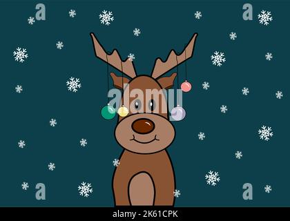 Niedliches Rentier mit hängenden Weihnachtskugeln in fallenden Schneeflocken Stock Vektor